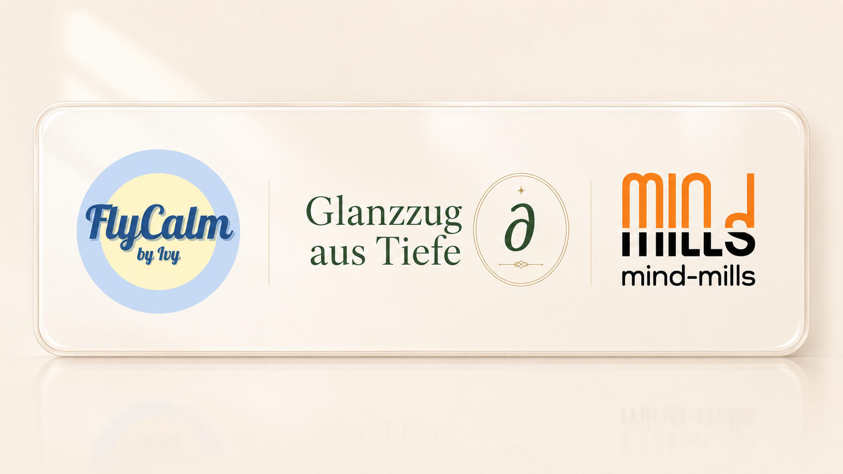 Three Logos Horizontal FlyCalm by Ivy, Glanzzug aus Tiefe and Mind-Mills shown as three connected forms of self-command under pressure.